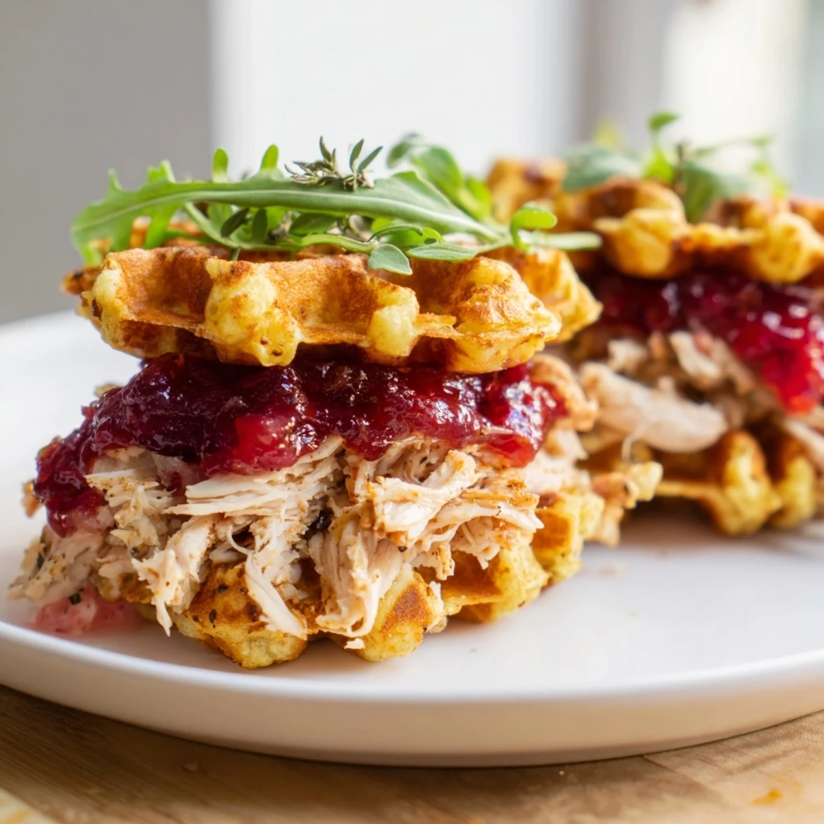 Golden-brown stuffing waffle chicken sliders, stacked high with cranberry mayo and tender chicken filling.
