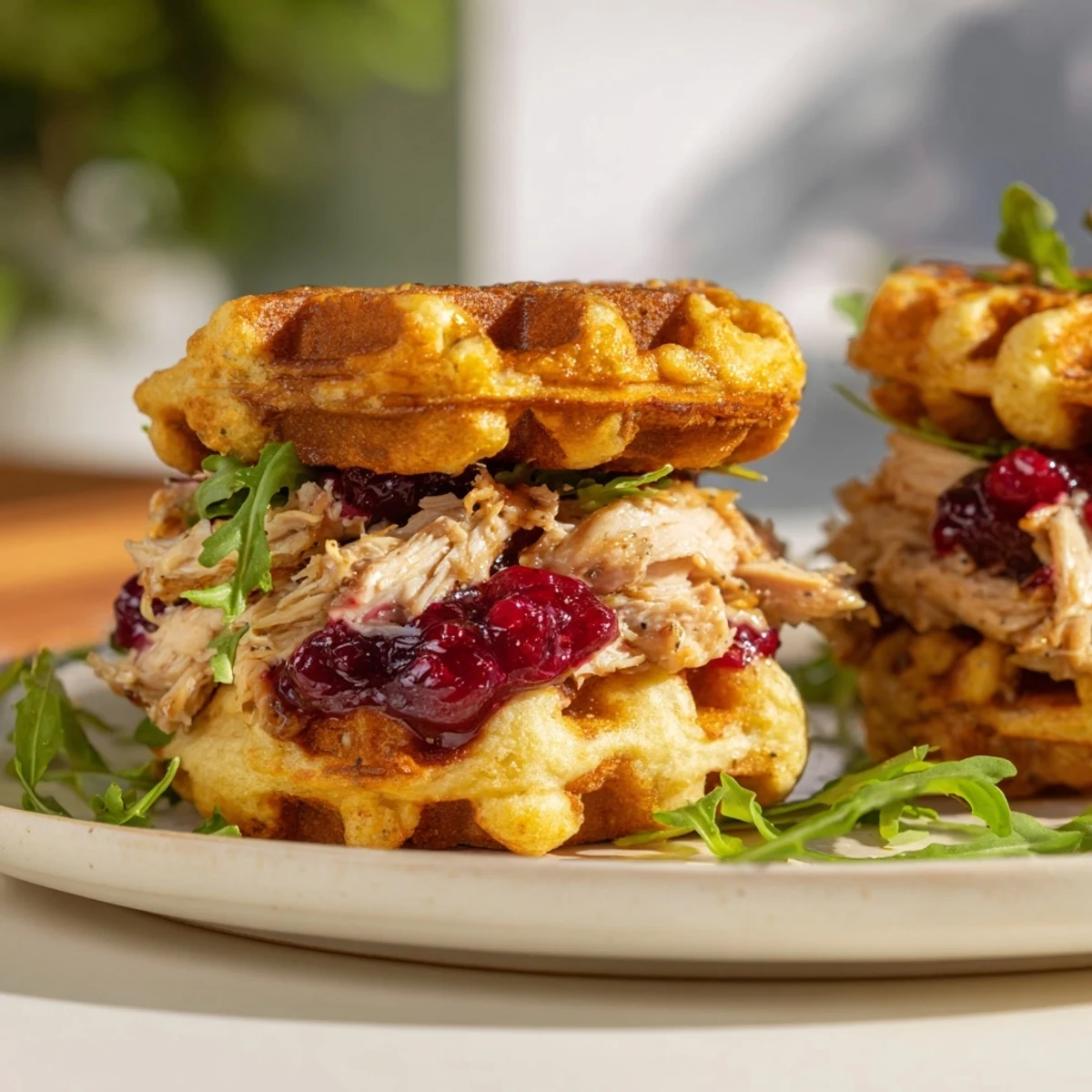 Warm, crispy stuffing waffle sliders, brimming with shredded chicken and a sweet-tart cranberry sauce.