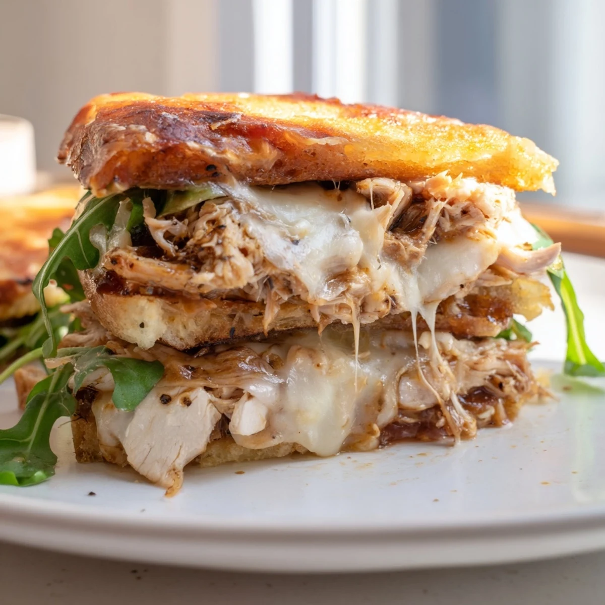 Golden crust Leftover Pizza Chicken Sandwich with melted cheese and fresh arugula, looks irresistible.
