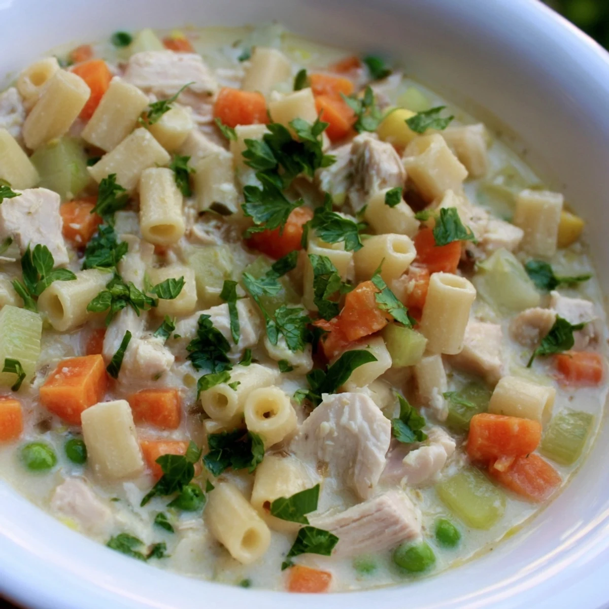 Creamy Chicken Pot Pie Pasta Soup, garnished with fresh parsley, ready to eat and enjoy.