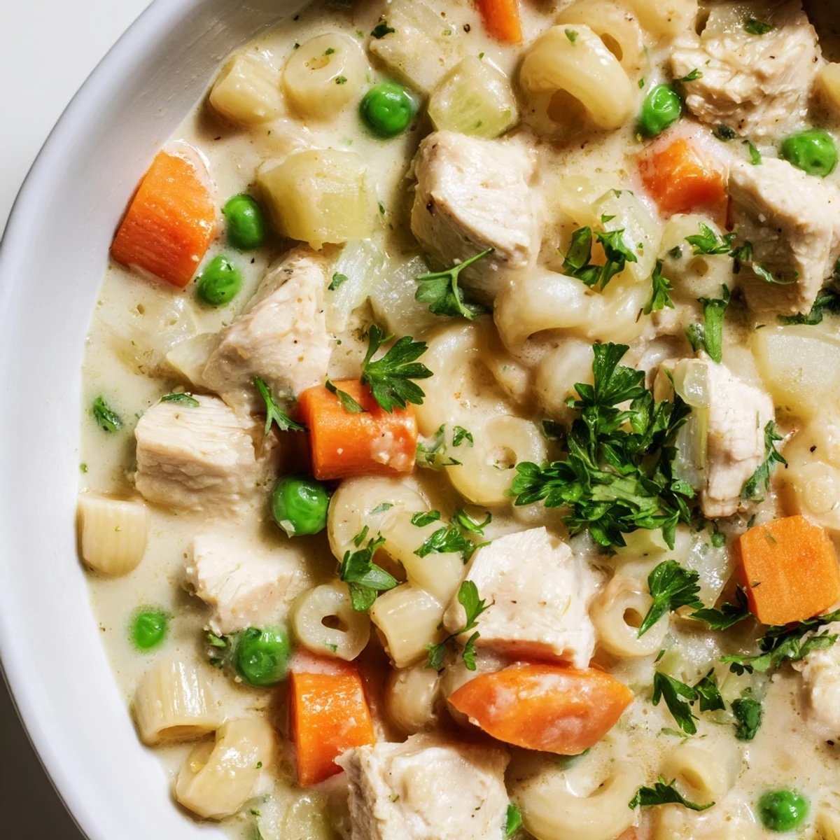 Hearty Chicken Pot Pie Pasta Soup: a deconstructed comfort food with pasta and creamy broth.