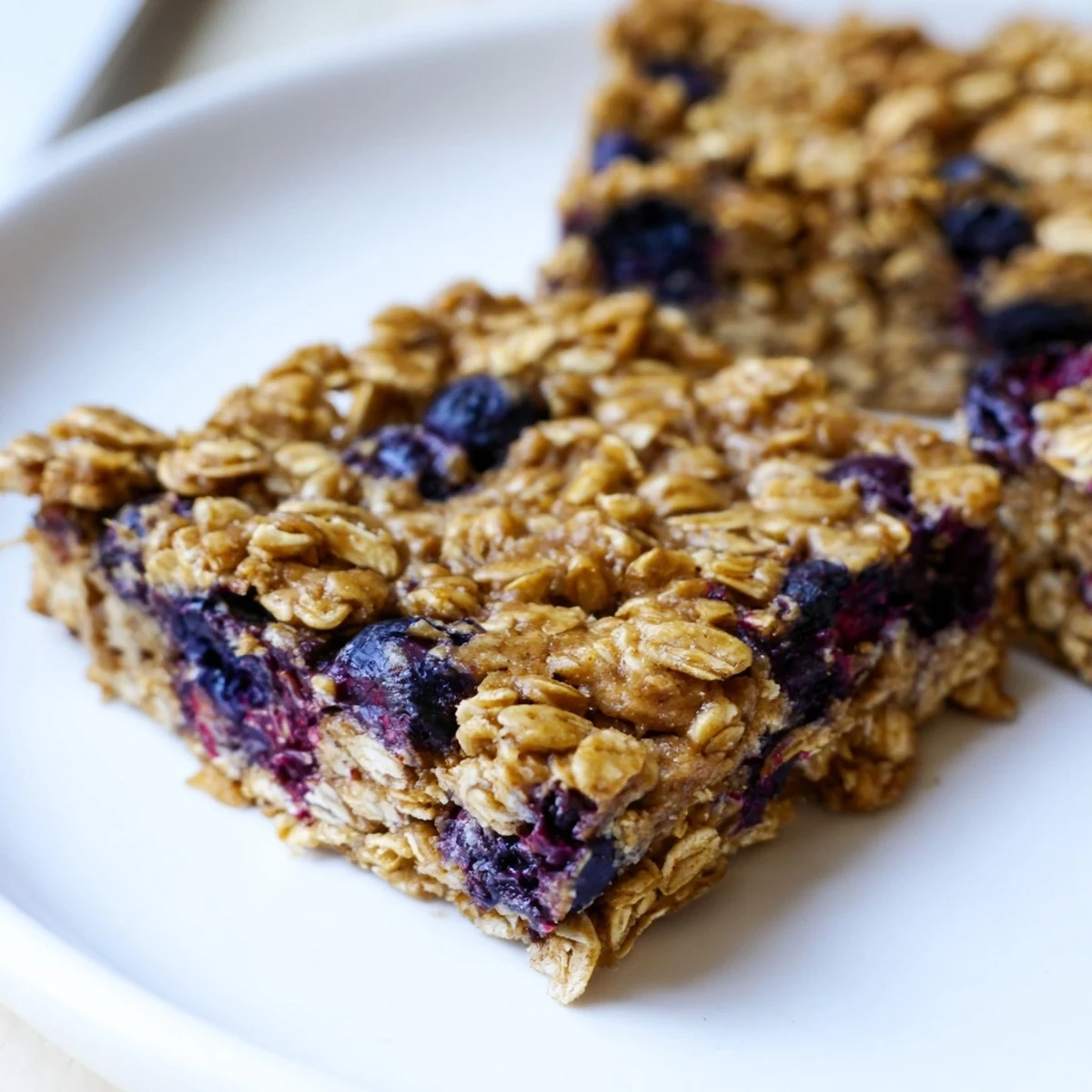Golden-baked Blueberry Banana Oatmeal Protein Bars, studded with juicy blueberries, ready for a healthy breakfast.