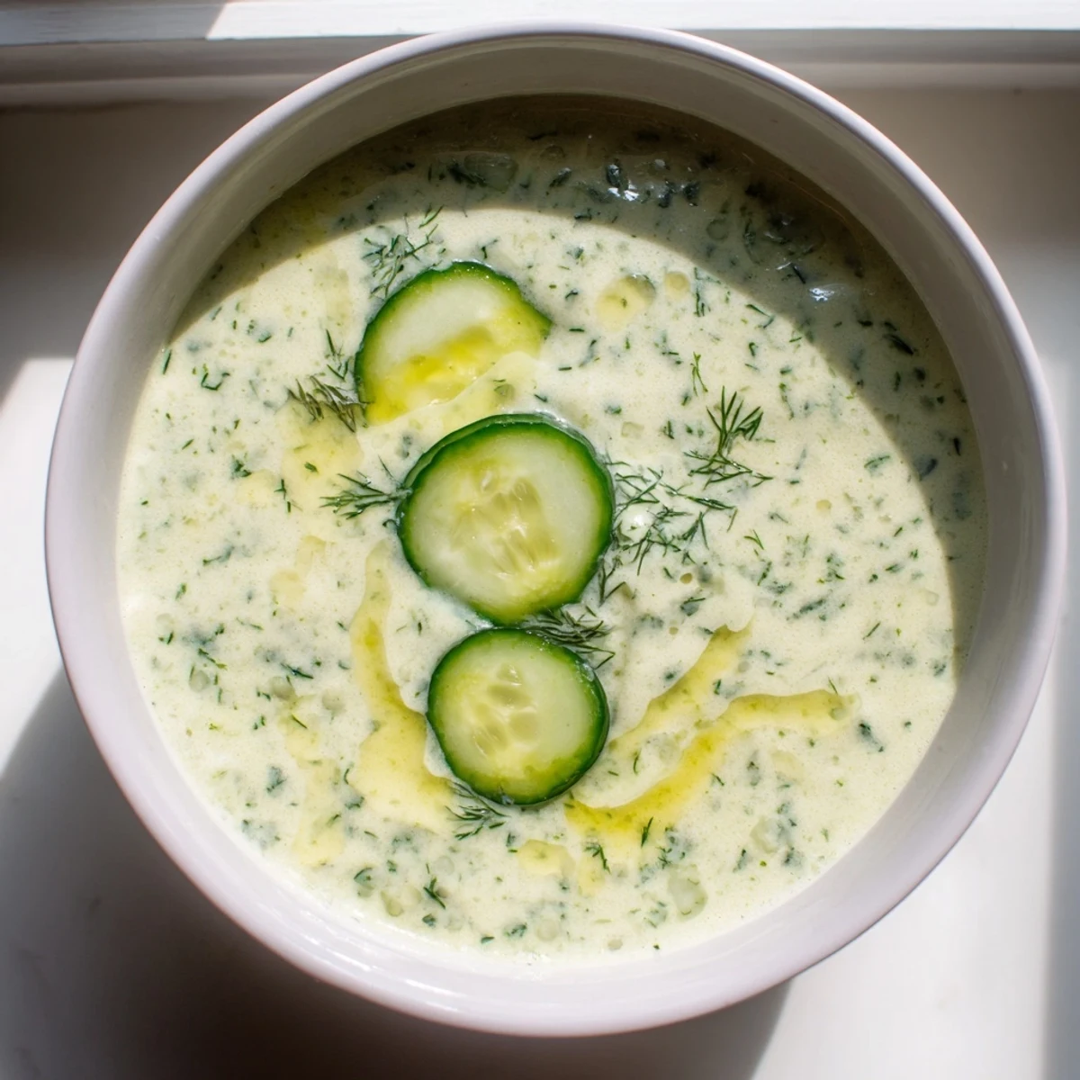 Creamy chilled Cucumber Garlic Soup garnished with fresh dill, ready for a cool summer lunch.