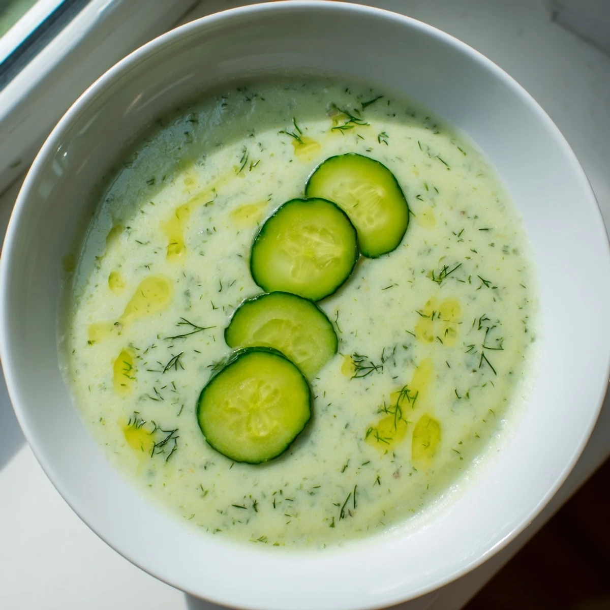 A bowl of refreshing Cucumber Garlic Soup with a vibrant green hue, perfect for a light vegetarian meal.