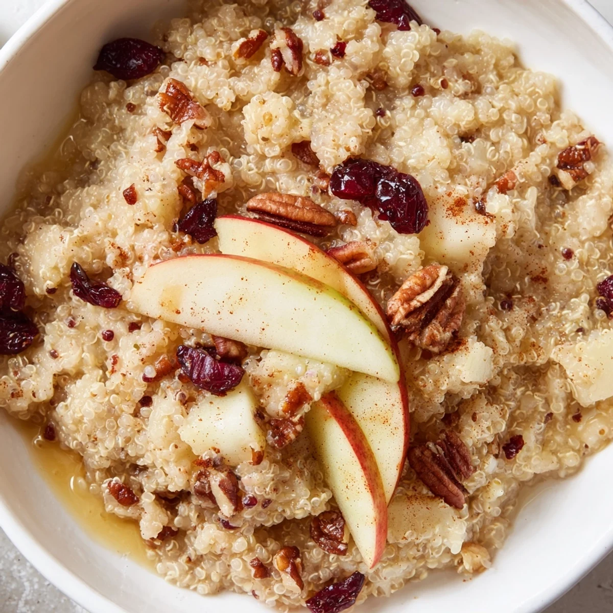 Fluffy Apple Cinnamon Quinoa Bowl, garnished with dried cranberries, offers a satisfying, gluten-free treat.