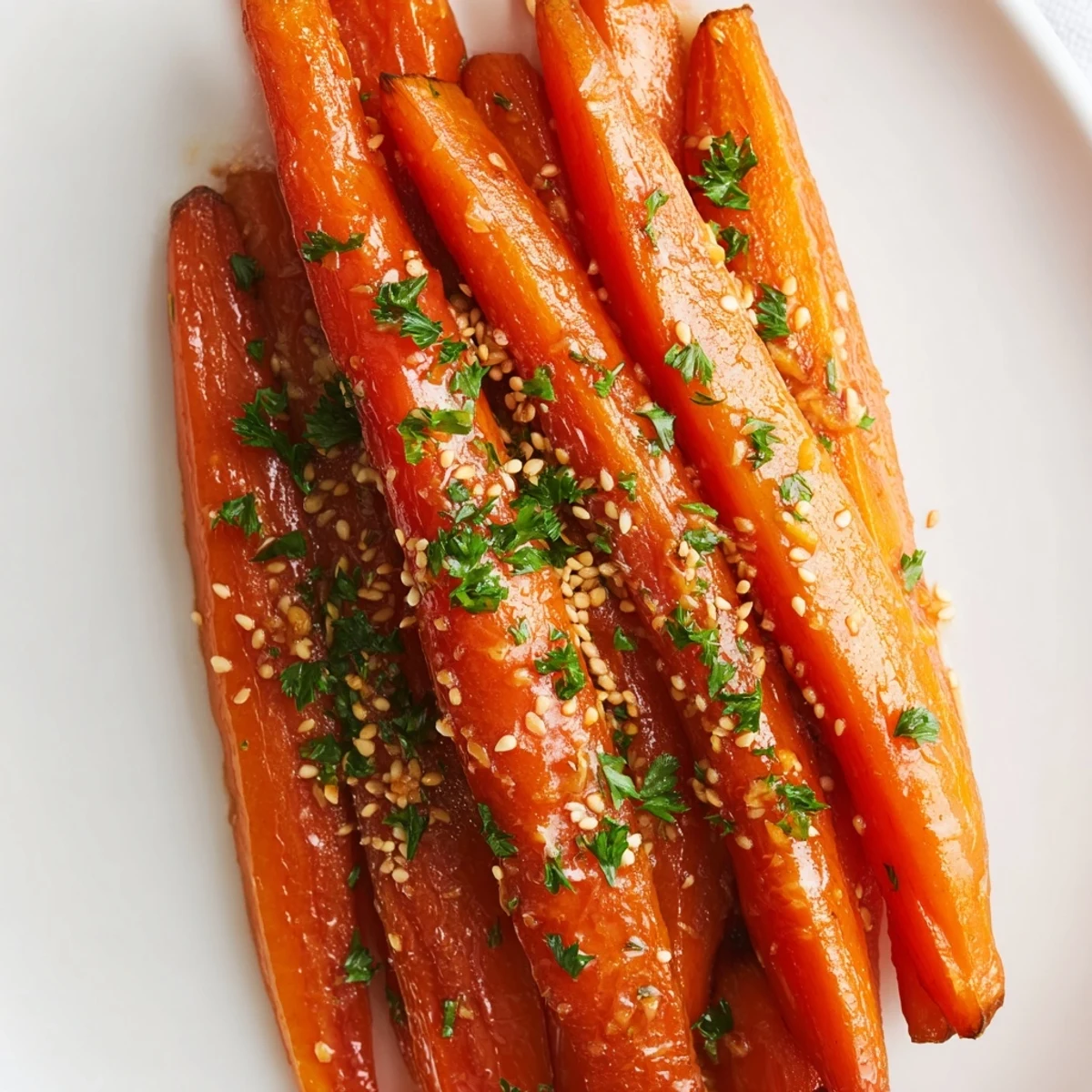 Golden, glazed maple mustard roasted carrots, caramelized around the edges, ready for a delicious side.