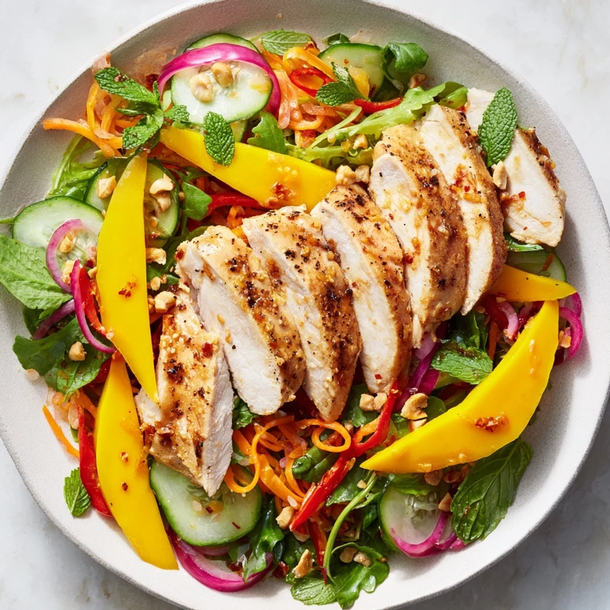 A close-up of delicious Thai Mango Chicken Salad; lime dressing coats all the ingredients perfectly.