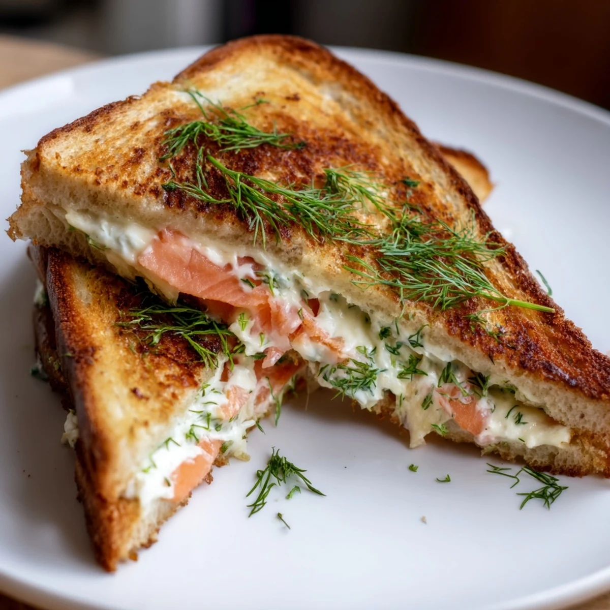 Close-up of a warm, cheesy Smoked Salmon Grilled Cheese with flaky salmon and golden-brown bread crusts.
