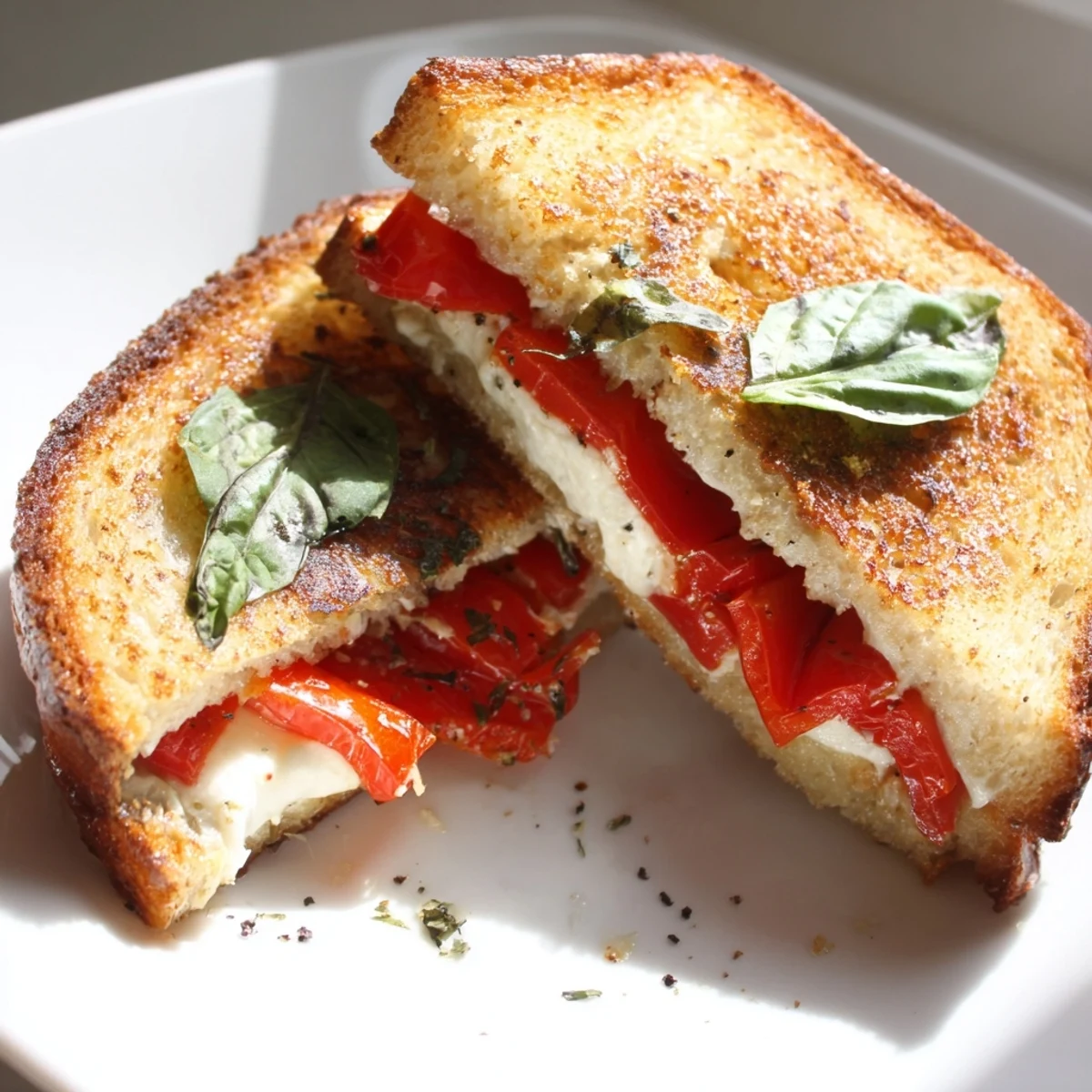 A close-up of a richly flavored, toasted Roasted Red Pepper Grilled Cheese ready to be devoured.
