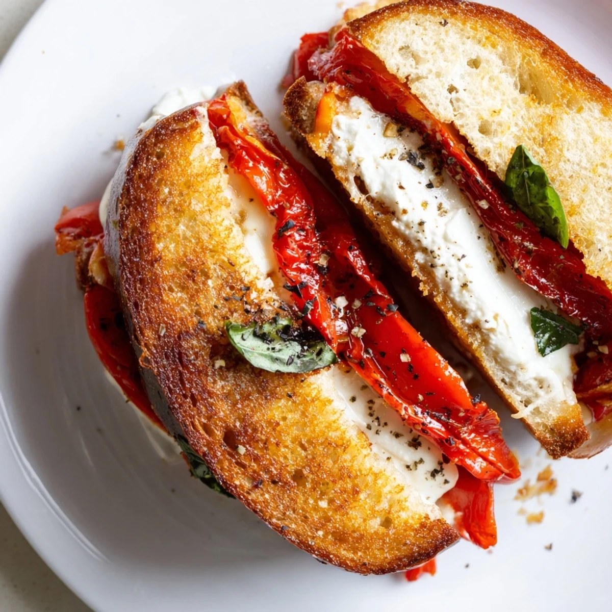 Warm, appetizing Roasted Red Pepper Grilled Cheese, with soft cheese and sweet peppers, perfect for lunch.