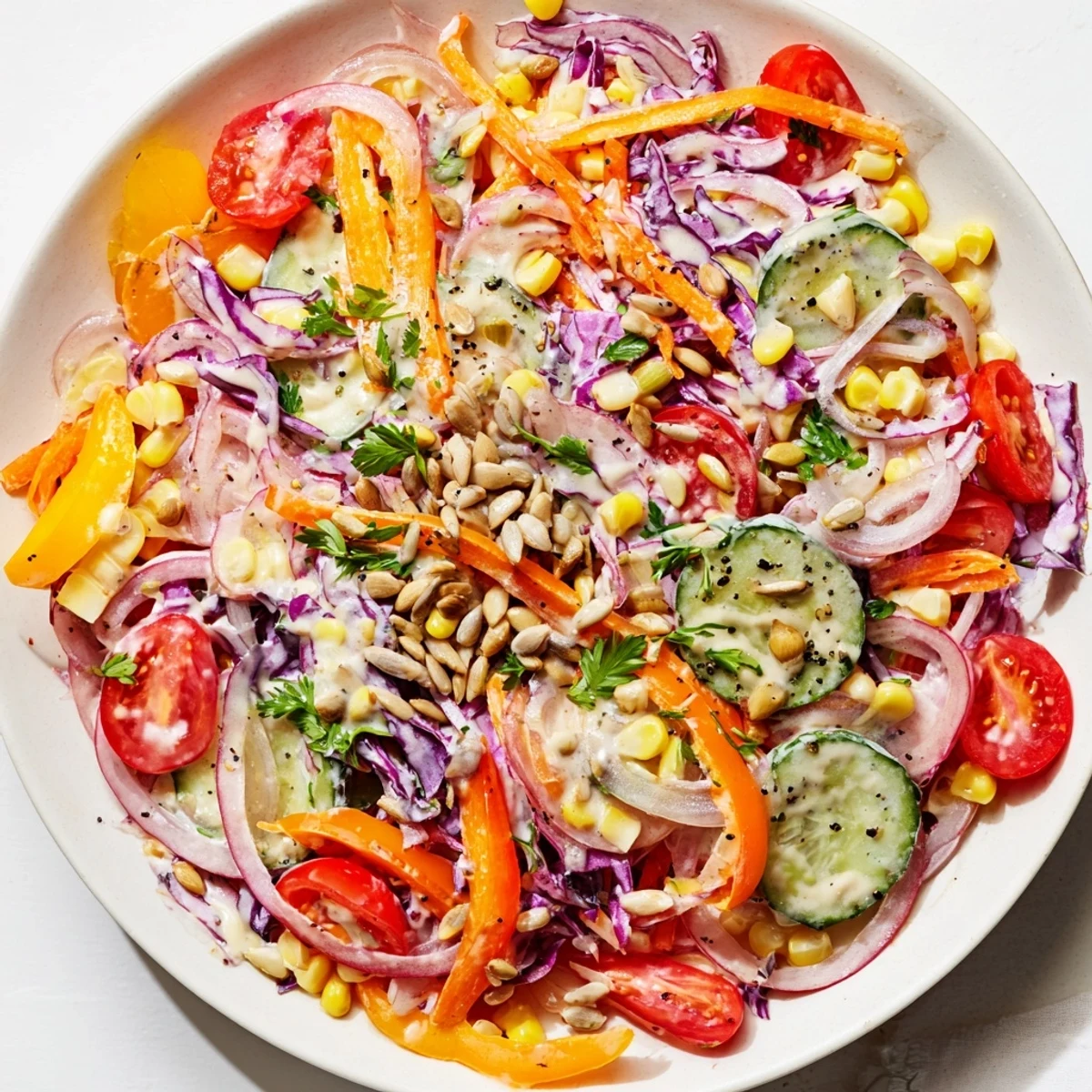 Vivid Rainbow Salad with colorful veggies and creamy tahini dressing, a beautiful, refreshing dish.