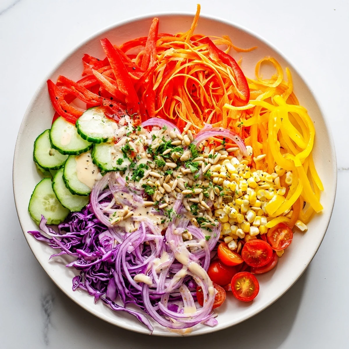 This Rainbow Salad features bright bell peppers, vibrant carrots, and purple cabbage, ready to be enjoyed.