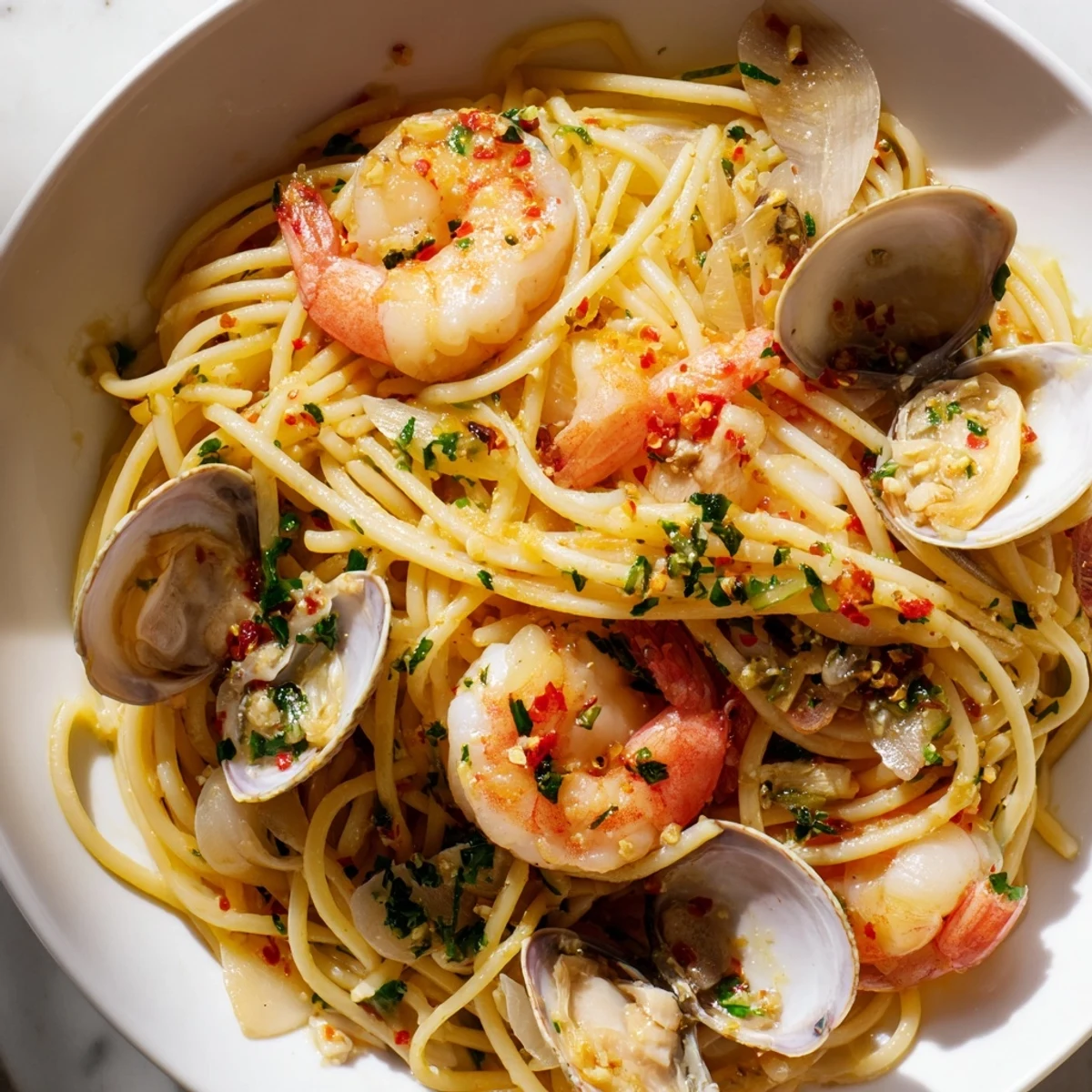 Steamy Seafood Pasta Aglio e Olio with plump shrimp and clams, ready to be served.