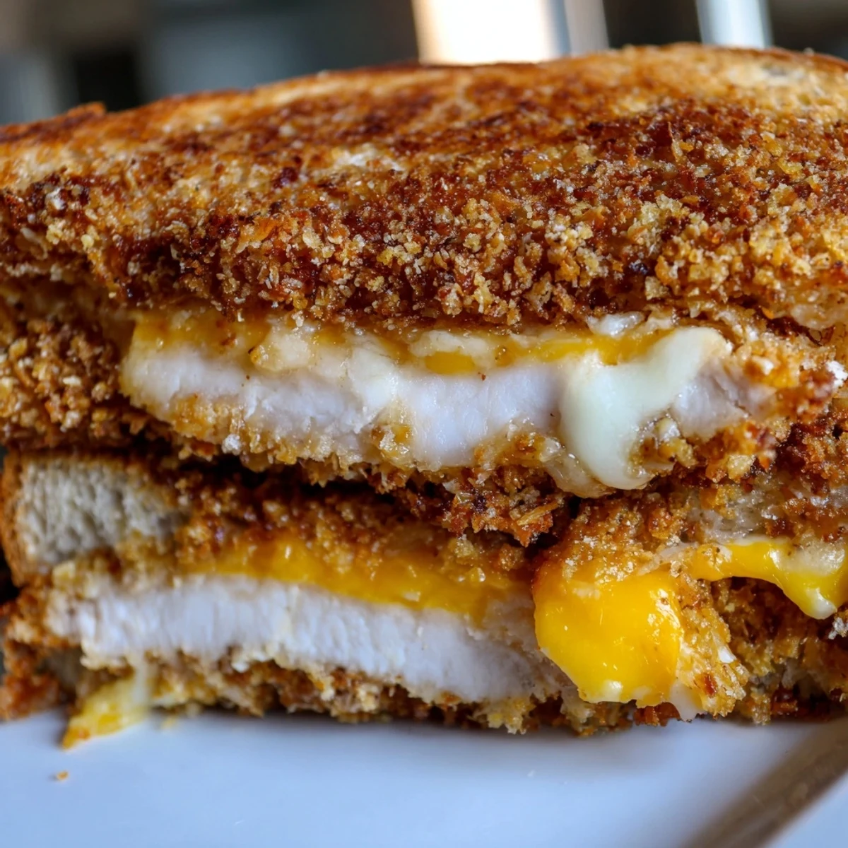 Golden, crispy panko pork chop grilled cheese, overflowing with melted cheddar and pork slices.