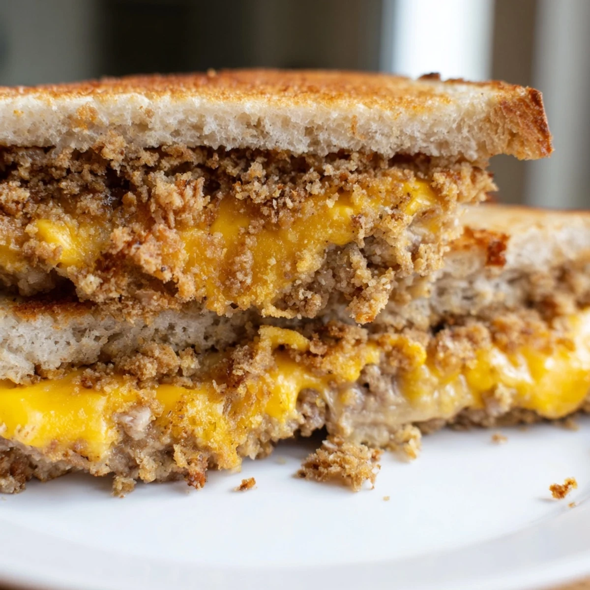 A close up shows the delicious, melty cheese and pork stuffed inside a crispy panko pork chop grilled cheese.