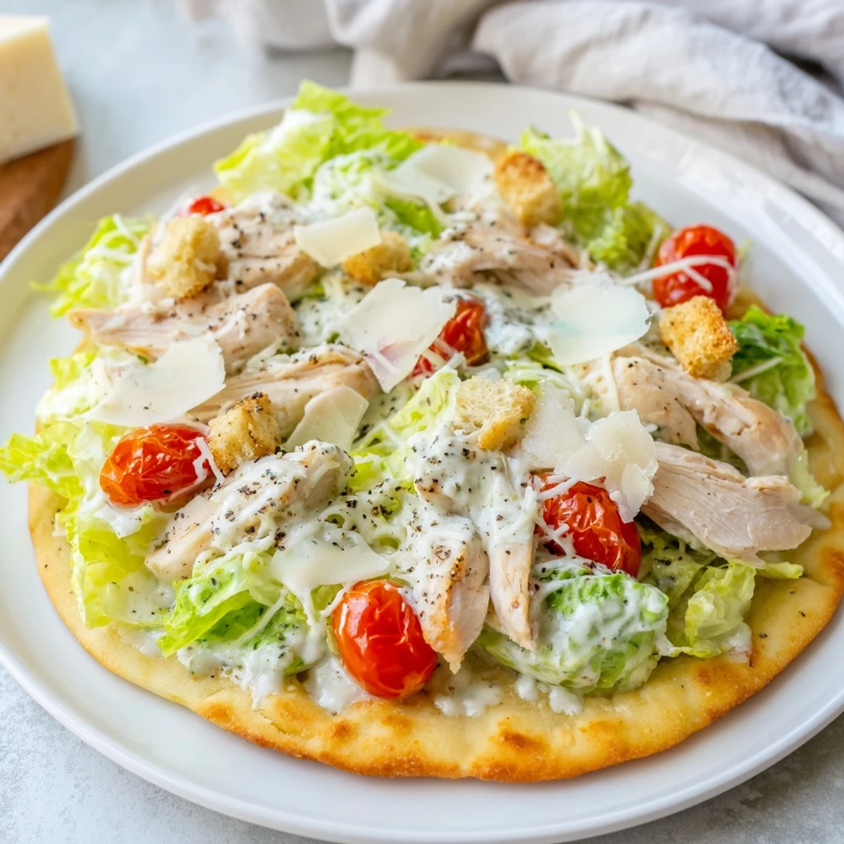 Golden, crispy Chicken Caesar Flatbread topped with grilled chicken, fresh romaine, and Parmesan cheese.