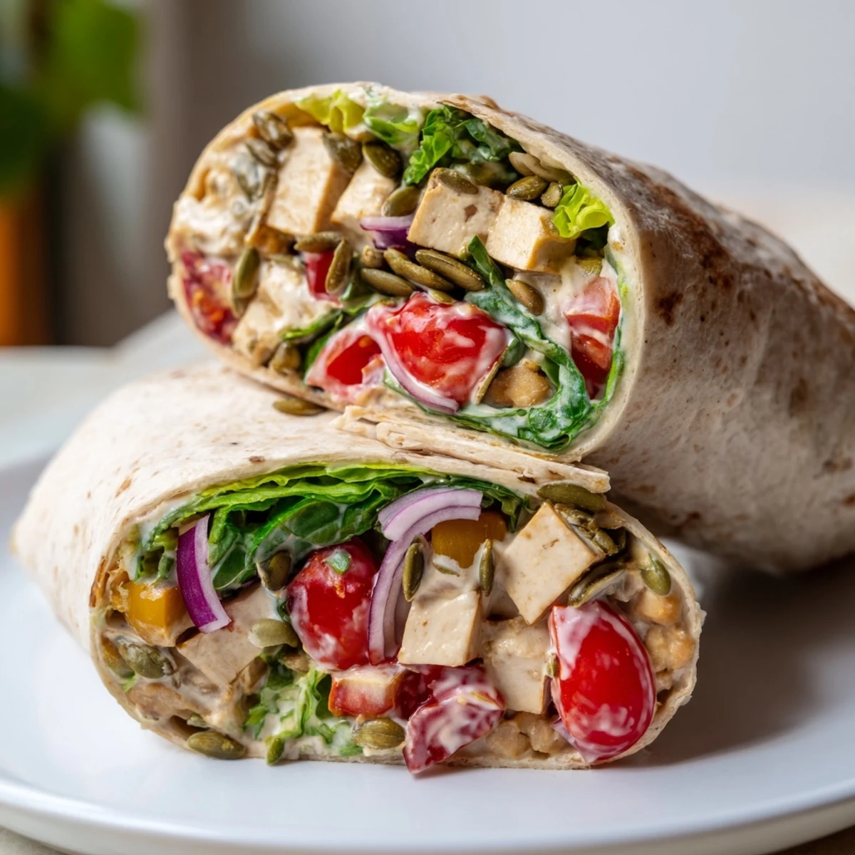 High-Protein Chicken-less Caesar Wrap, ready to eat, includes fresh romaine and vibrant tomatoes.