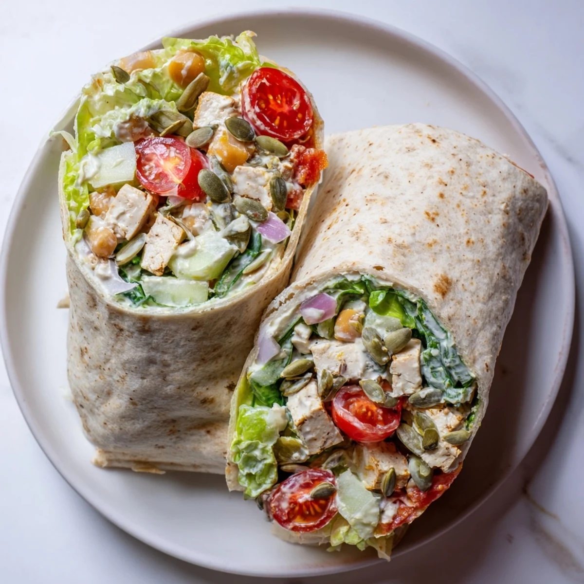 A delicious High-Protein Chicken-less Caesar Wrap, filled and sliced, perfect for a quick lunch or dinner.