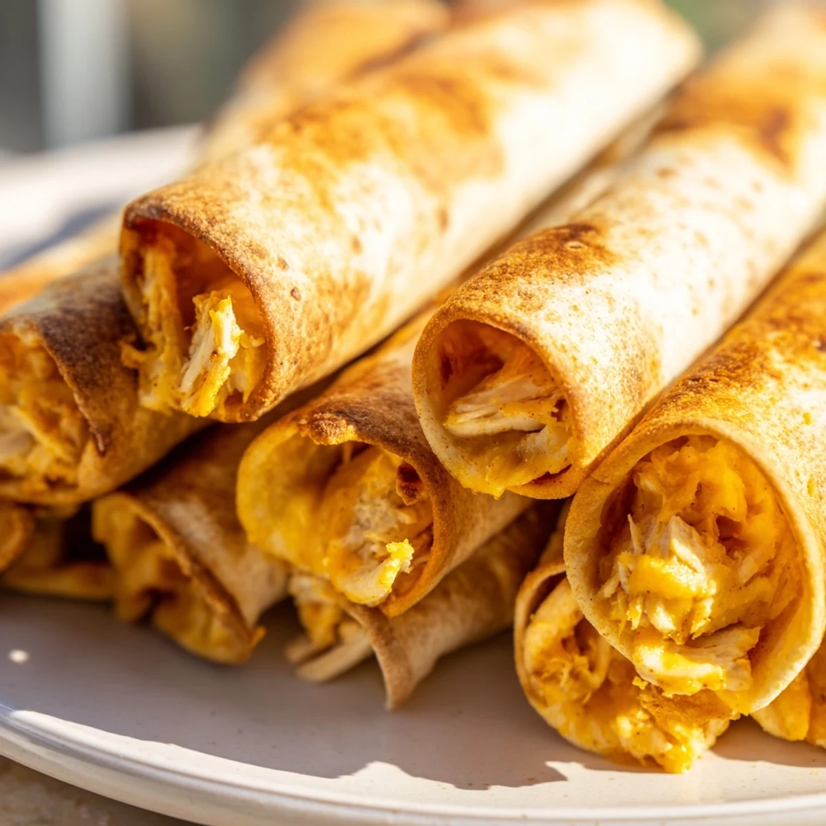 Golden-brown, crispy air fryer taquitos ready to eat with flavorful chicken and cheese filling.