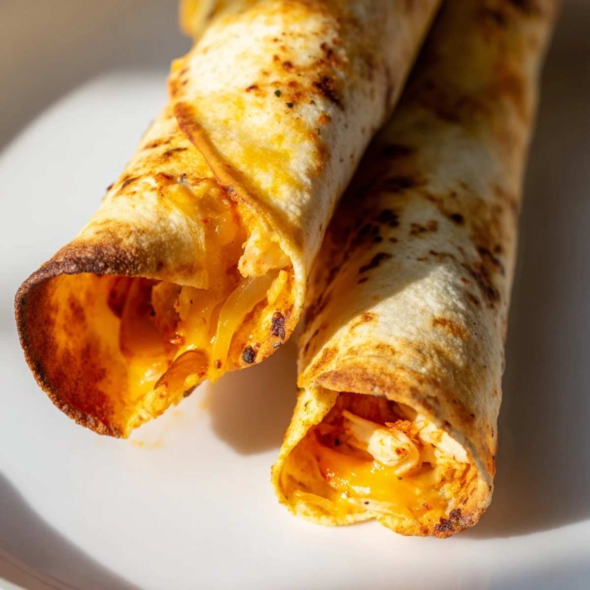 Mouthwatering image of air fryer taquitos, perfectly rolled with a drizzle of sour cream topping.