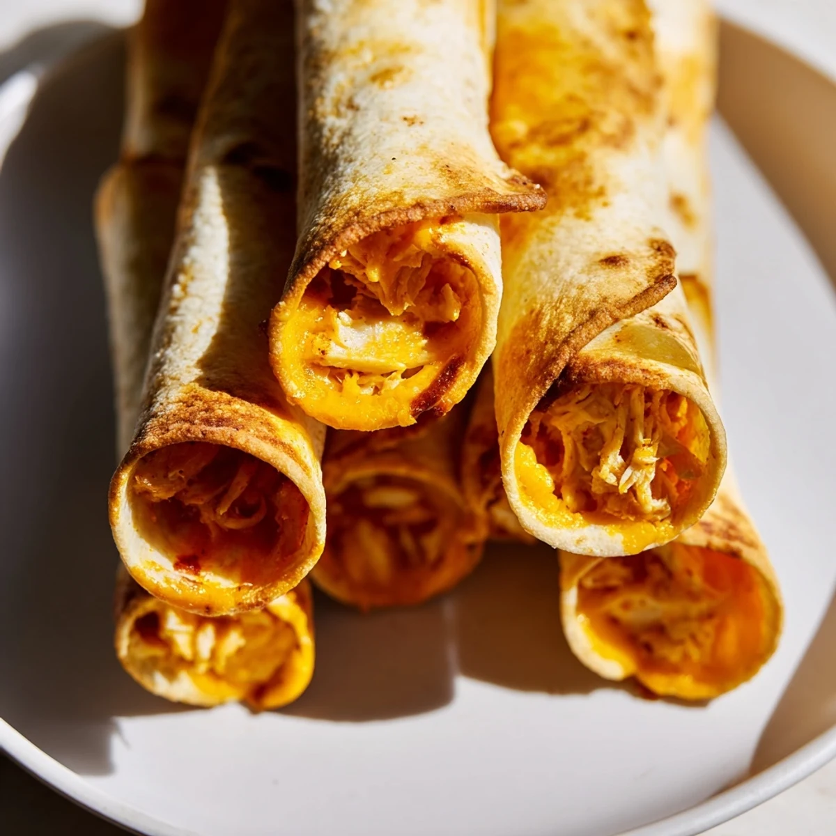 Close-up of air fryer taquitos with visible melted cheese, hinting at a delicious, savory meal.