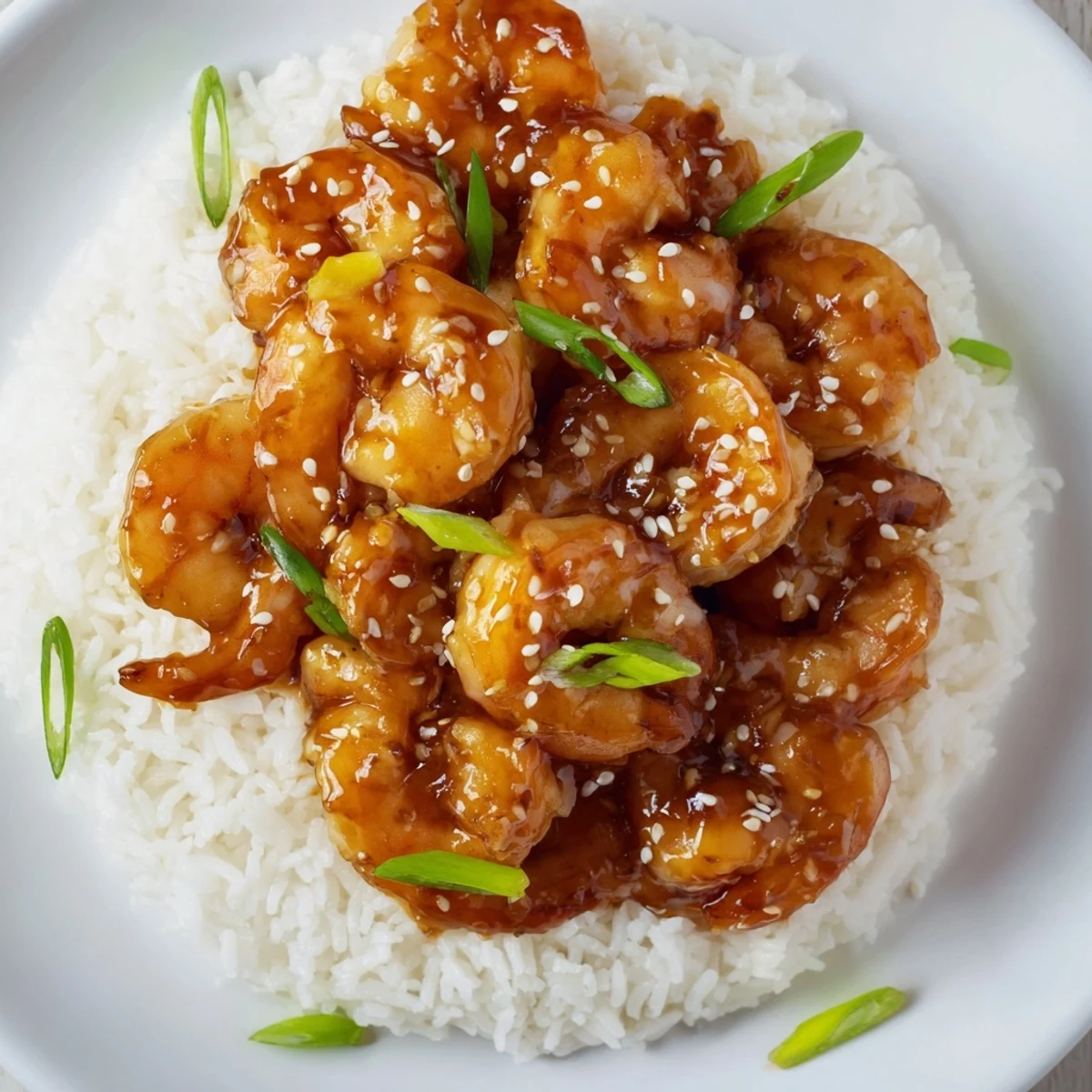 Fresh, vibrant Honey Garlic Shrimp with a sprinkle of green onions, ready to serve with noodles.
