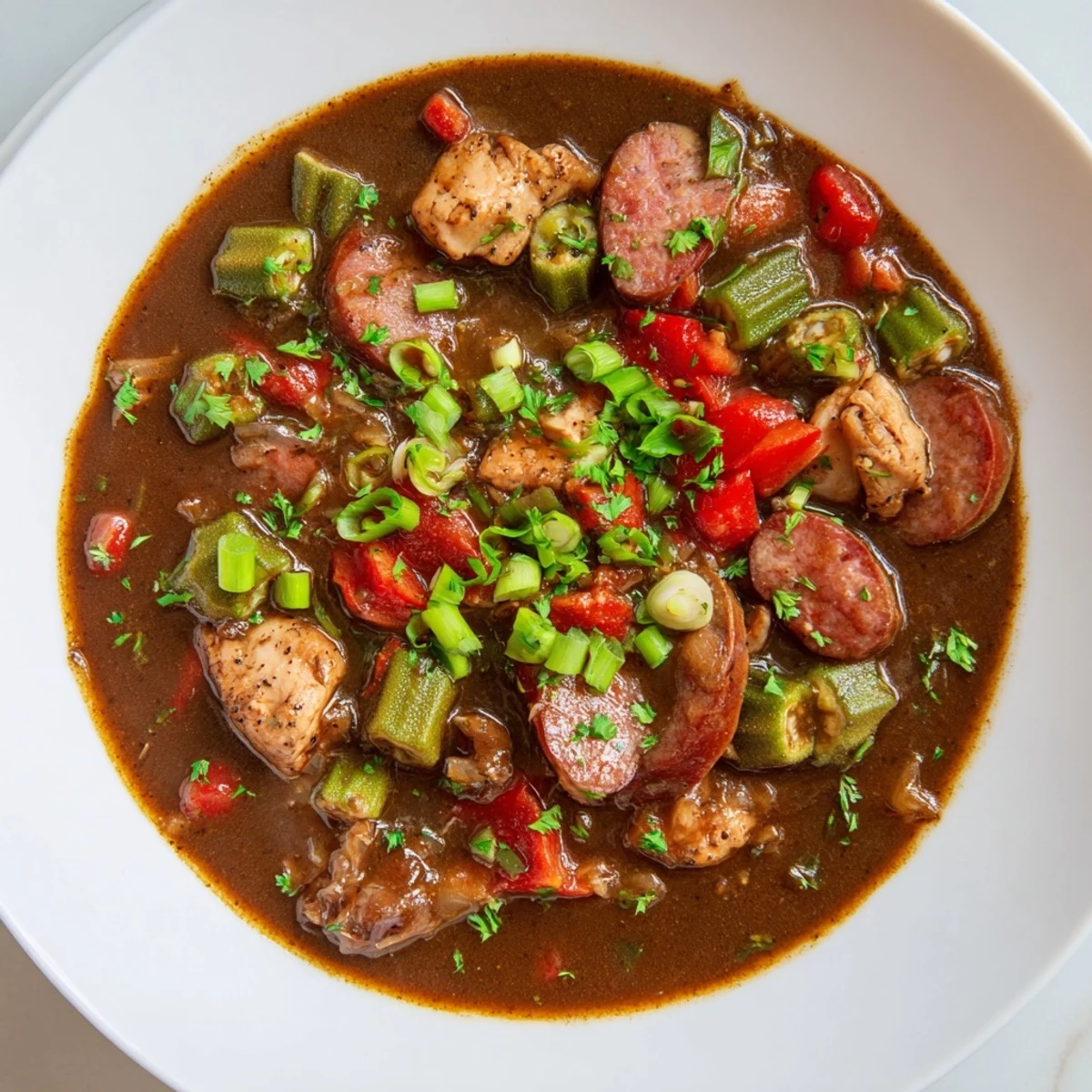 A close-up of flavorful Gumbo Okra Soup, garnished with green onions and fresh parsley.