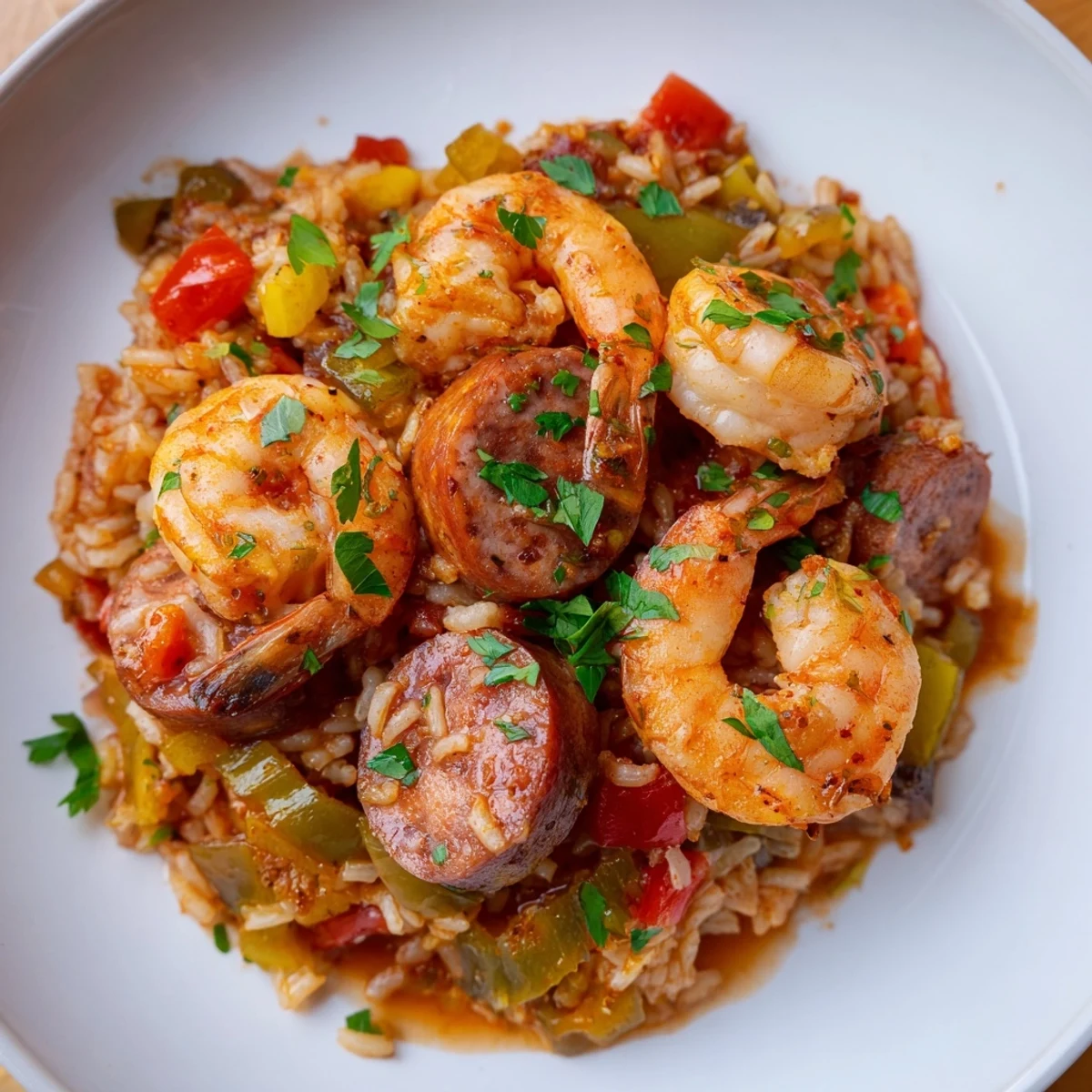 A steaming, flavorful Jambalaya Skillet with perfectly cooked shrimp and a spicy Creole sauce is ready to serve.