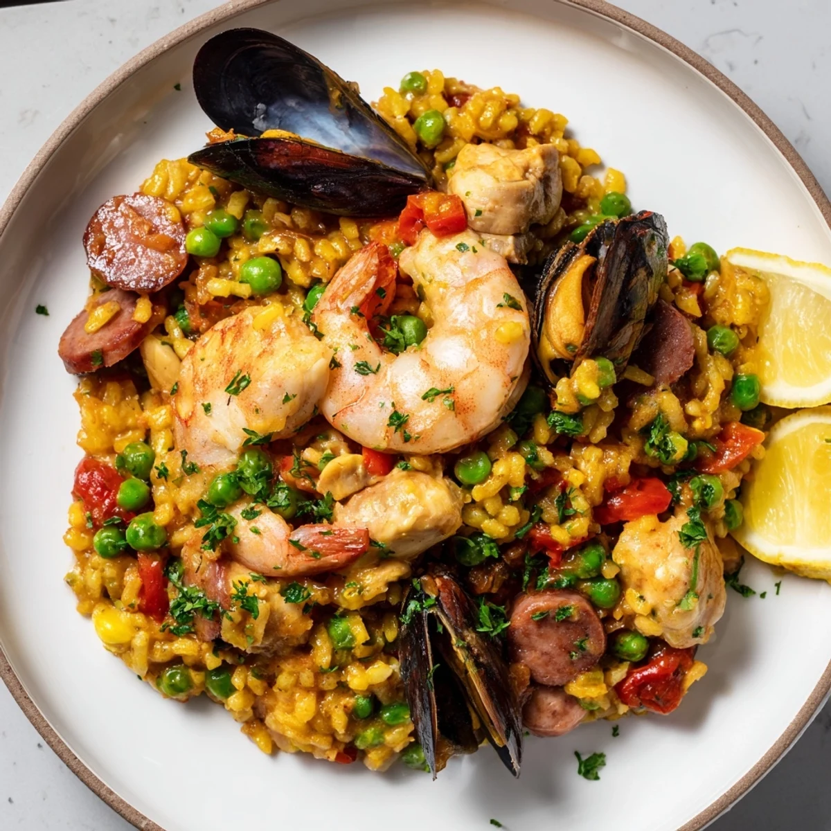 Close-up of a rustic paella, smelling of smoked paprika and ready to be served hot.