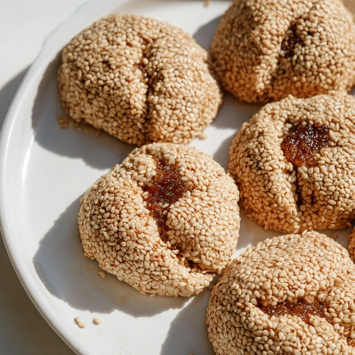 Golden Palestinian Kahk cookies, glistening with sesame seeds, freshly baked and ready to enjoy.
