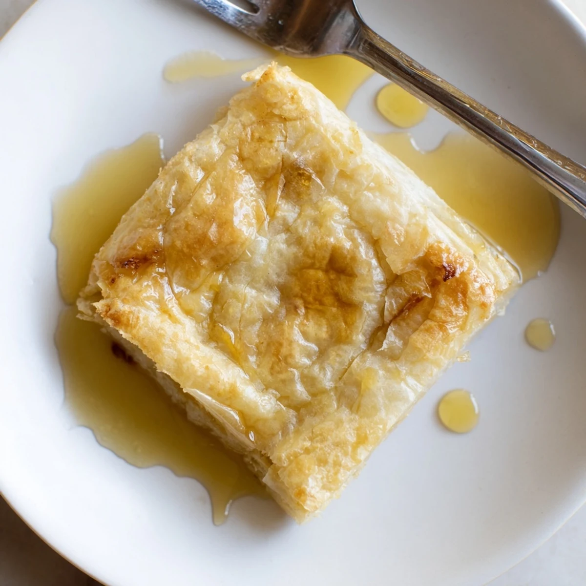 Golden-brown Moroccan Msemen pastry, flaky and crisp, is served warm and drizzled with honey.