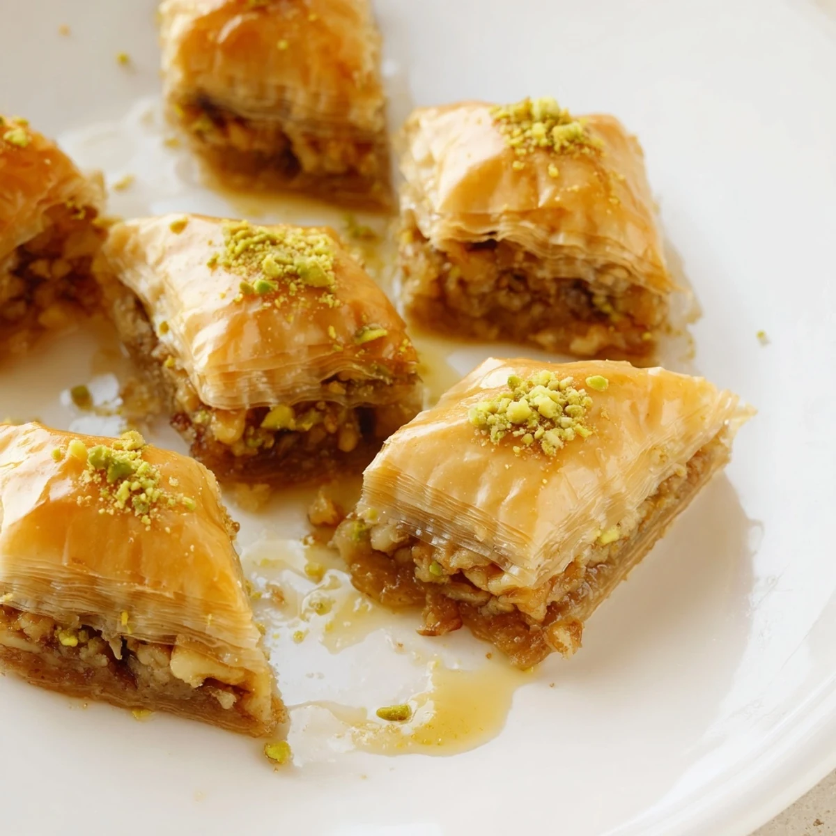 Golden, flaky Turkish baklava glistening with honey syrup, a delectable dessert with nuts.