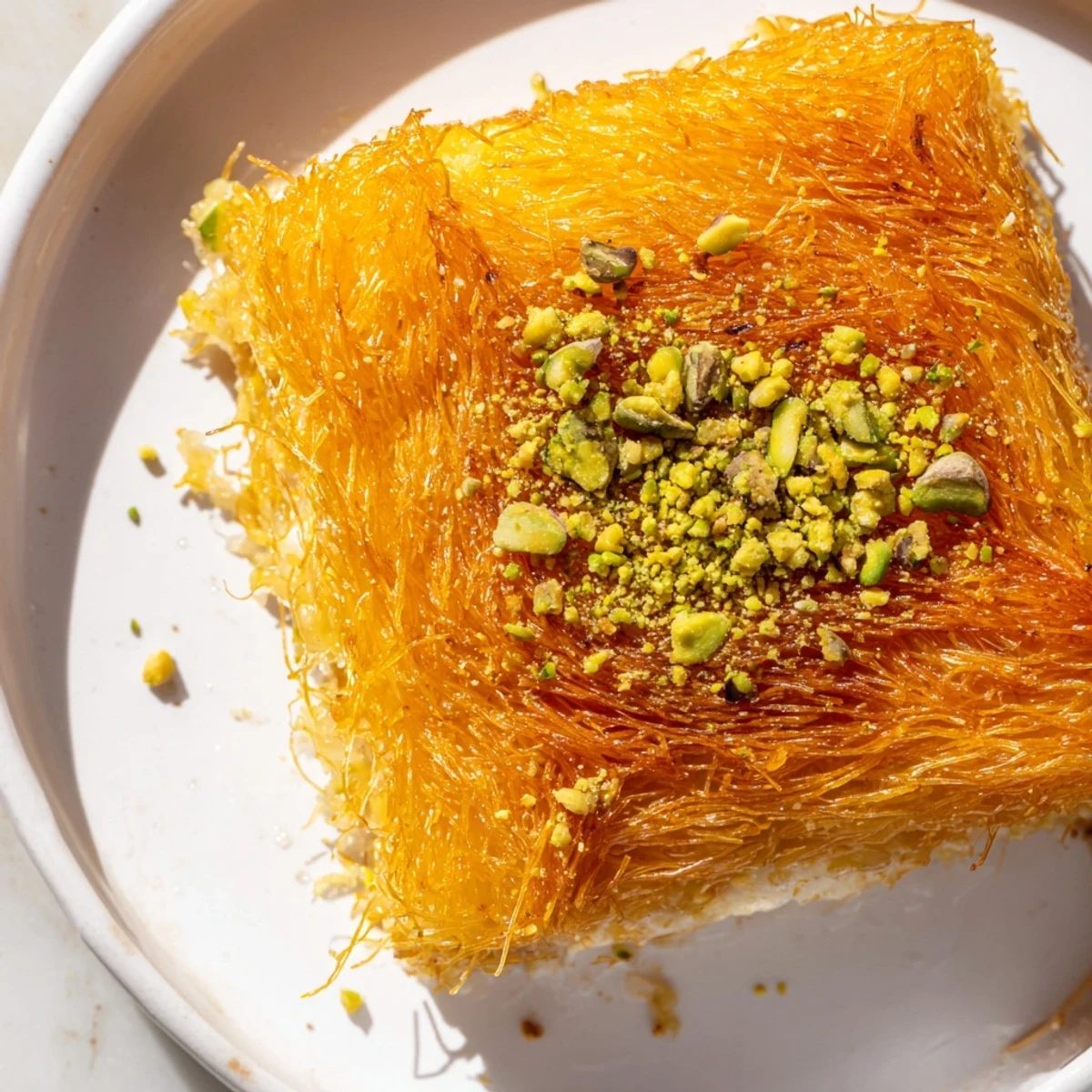 Golden, crisp Lebanese Knafeh cheese dessert drizzled with sweet orange blossom syrup and pistachios.