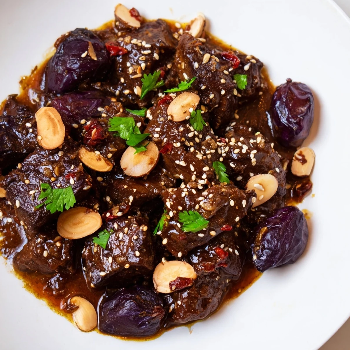 Fragrant Moroccan Lamb Tagine, garnished with sesame seeds, offers delicious layers of slow-cooked flavors.