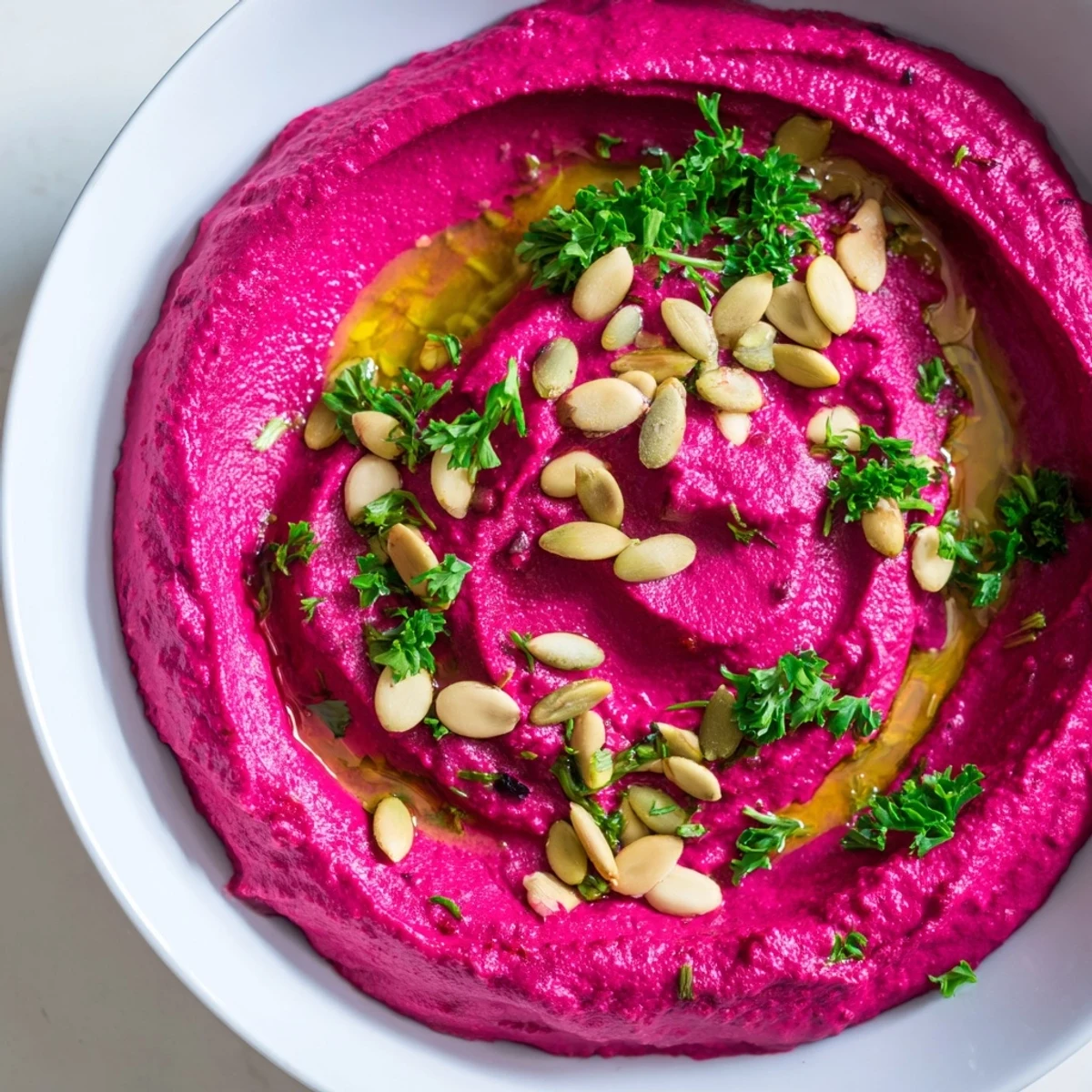 Freshly made beet hummus bursting with color, perfect for dipping vegetables.