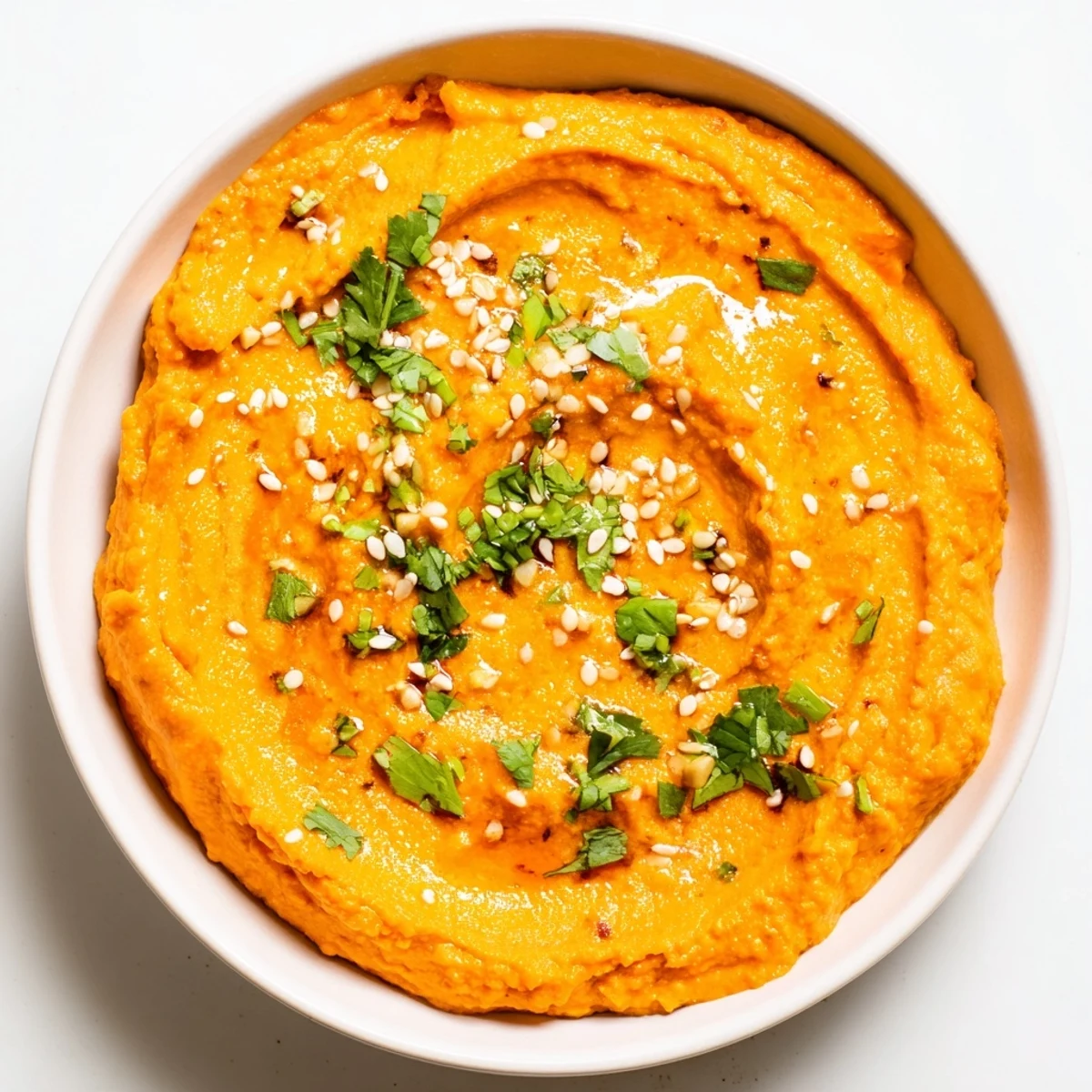 Freshly made Carrot Ginger Dip, with a swirl of olive oil and sesame seeds on top.
