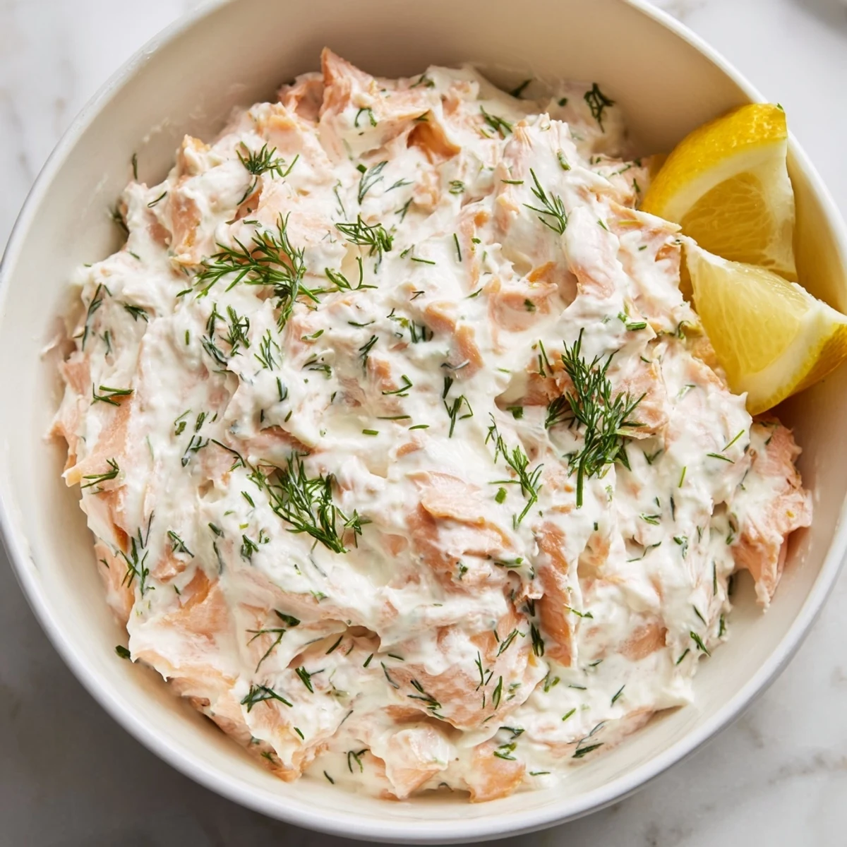 Creamy Smoked Salmon Dip, speckled with herbs, beautifully presented with lemon wedges and crackers.