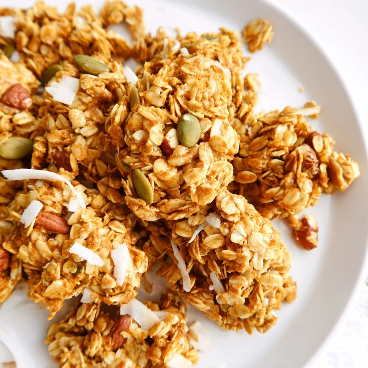 Golden, crunchy granola clusters loaded with nuts and seeds, perfect for breakfast or snacking.