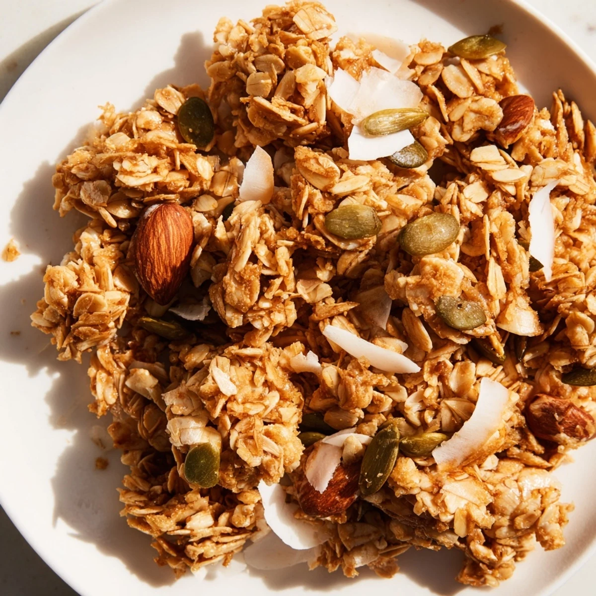 A close-up of delicious granola clusters: a mix of oats, nuts, and honey for satisfying crunch.