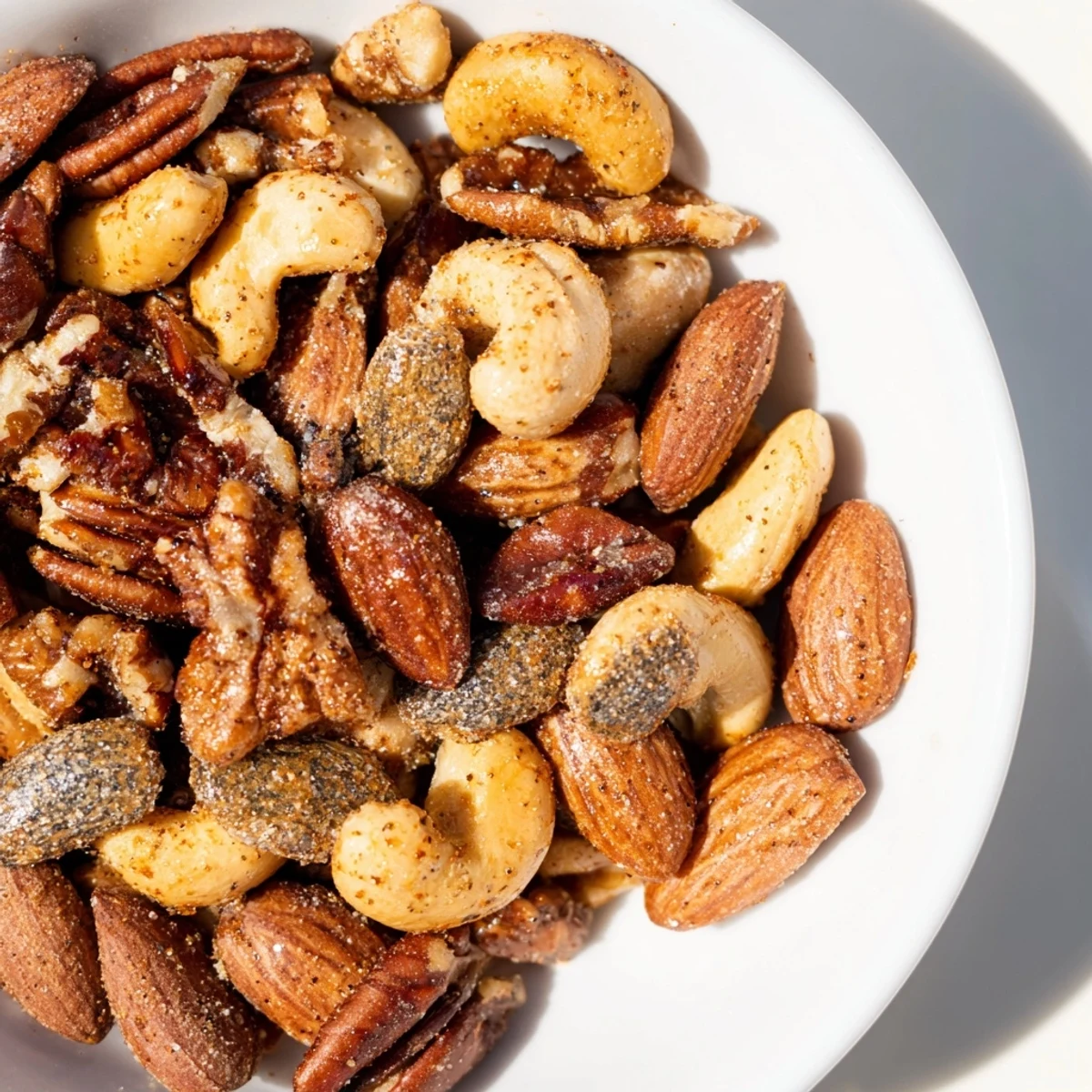 Crispy spiced nuts mix: a delicious mix of nuts coated in honeyed spices, perfect for festive snacking.
