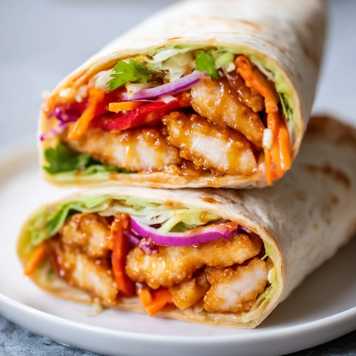 Close-up of a sliced Honey Sriracha Chicken Wrap, revealing juicy chicken and crunchy carrots with a drizzle of extra sauce.