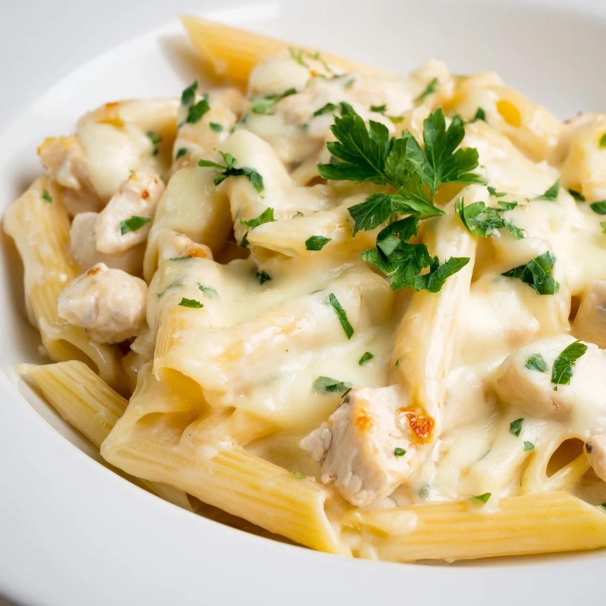 Golden-brown Chicken Alfredo Casserole bubbling from the oven, with melted mozzarella and tender pasta in a rich, creamy white sauce.