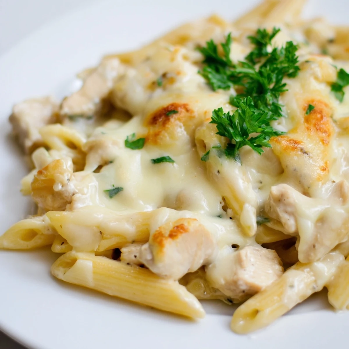 Serve Chicken Alfredo Casserole directly from the baking dish, garnished with fresh parsley and paired with a crisp green salad.