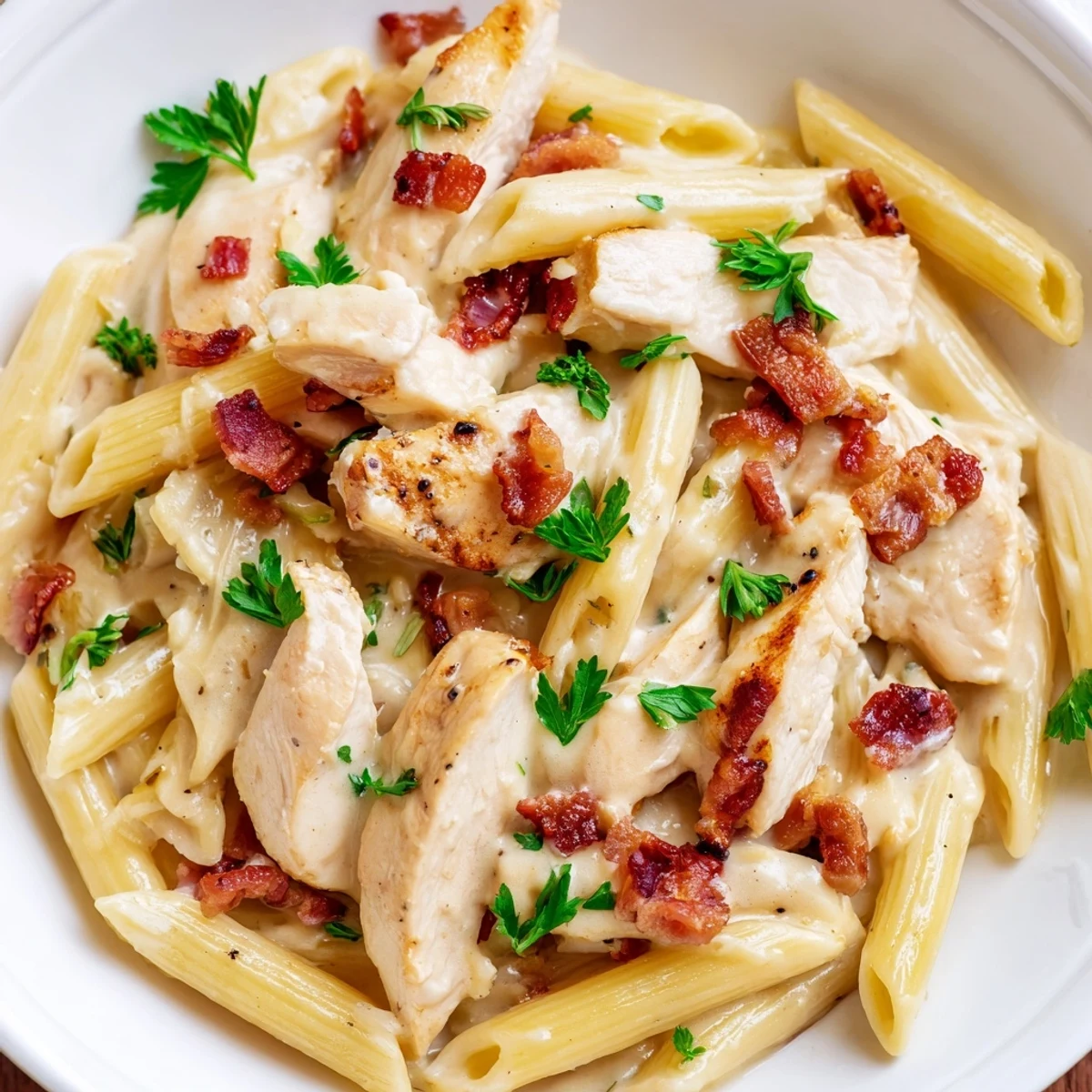 A close-up of Creamy Chicken Bacon Penne, featuring swirls of penne coated in a rich Parmesan cream sauce with savory chicken and bacon.