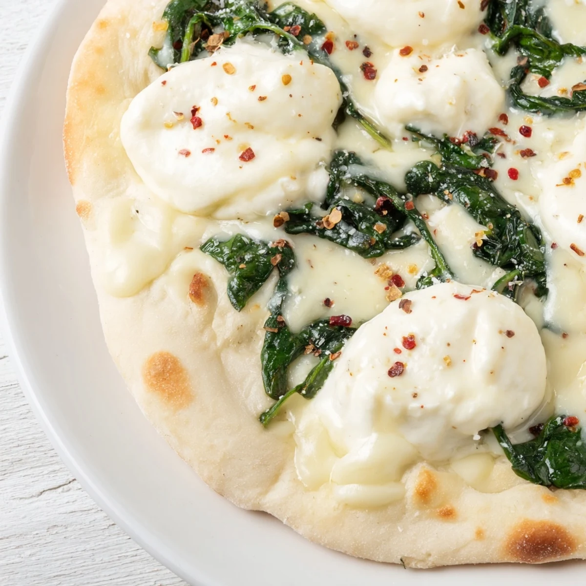 Homemade spinach ricotta pizza with bubbling cheese, fresh spinach, and garlic butter, ready to serve with a crisp green salad.