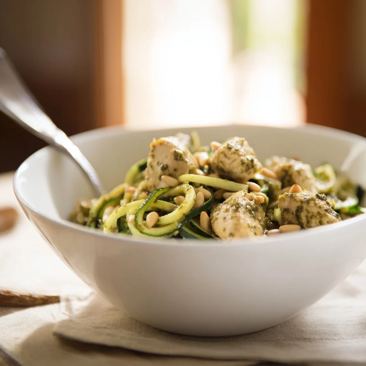 Golden-brown sautéed chicken and zucchini noodles coated in vibrant green basil pesto in a white bowl.