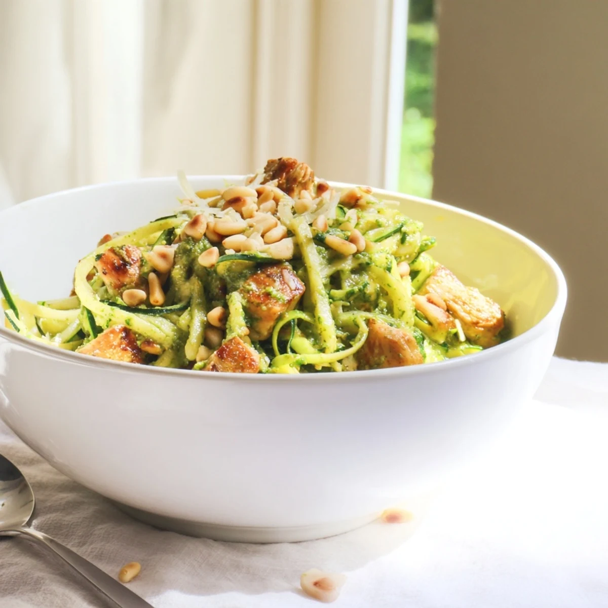 Tender Pesto Zucchini Chicken Bowl topped with Parmesan cheese, toasted pine nuts, and fresh basil.