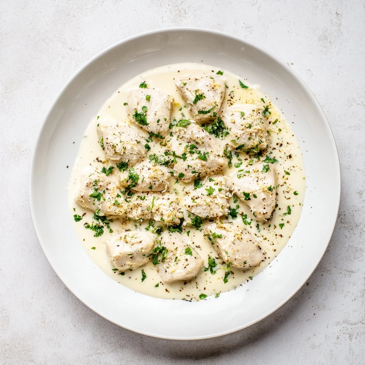 Golden-brown Creamy Garlic Chicken Bites simmering in a rich, Parmesan-infused sauce, garnished with fresh parsley.