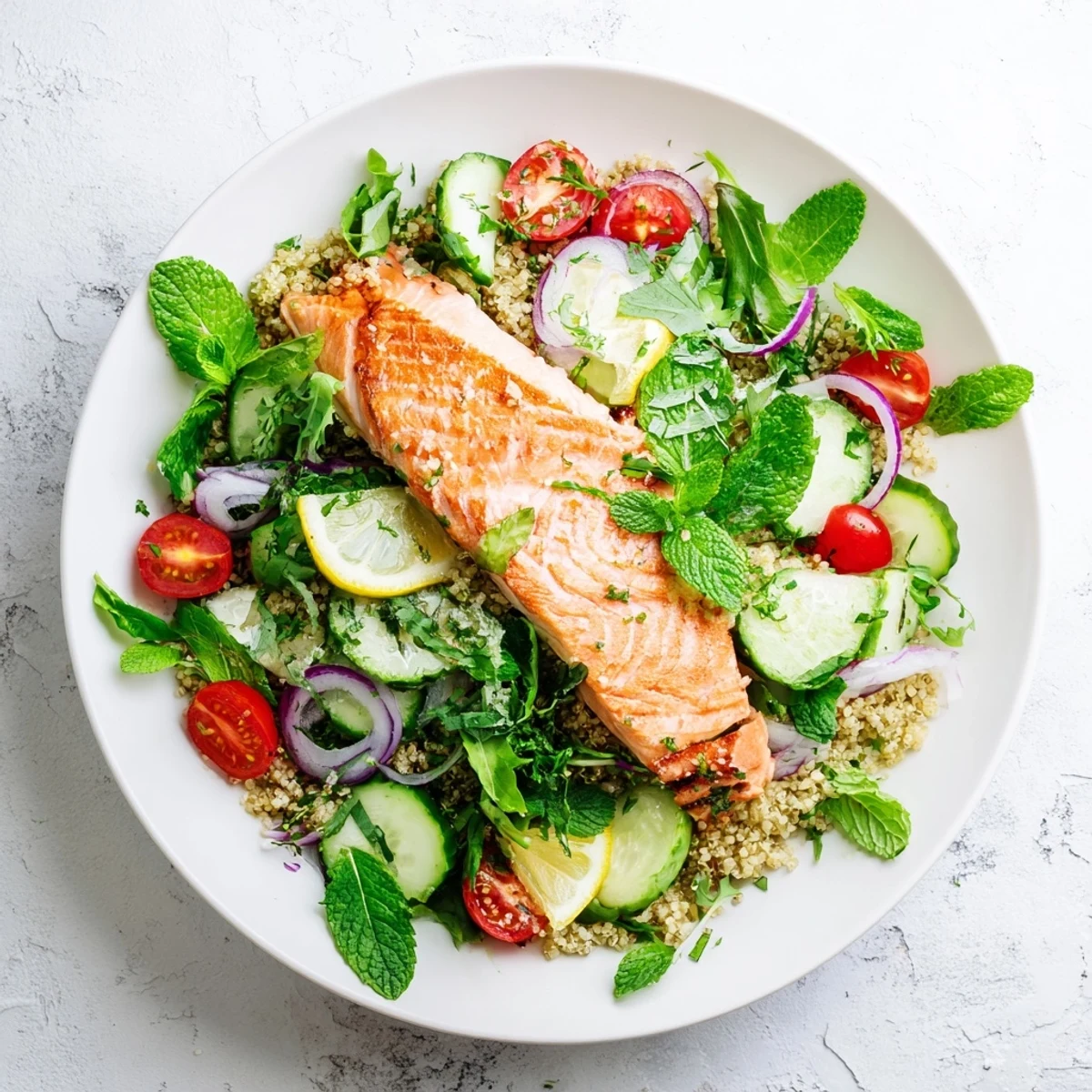 Warm, seasoned salmon fillets add protein to a colorful bowl of greens, cucumber, tomatoes, and tangy citrus vinaigrette.  