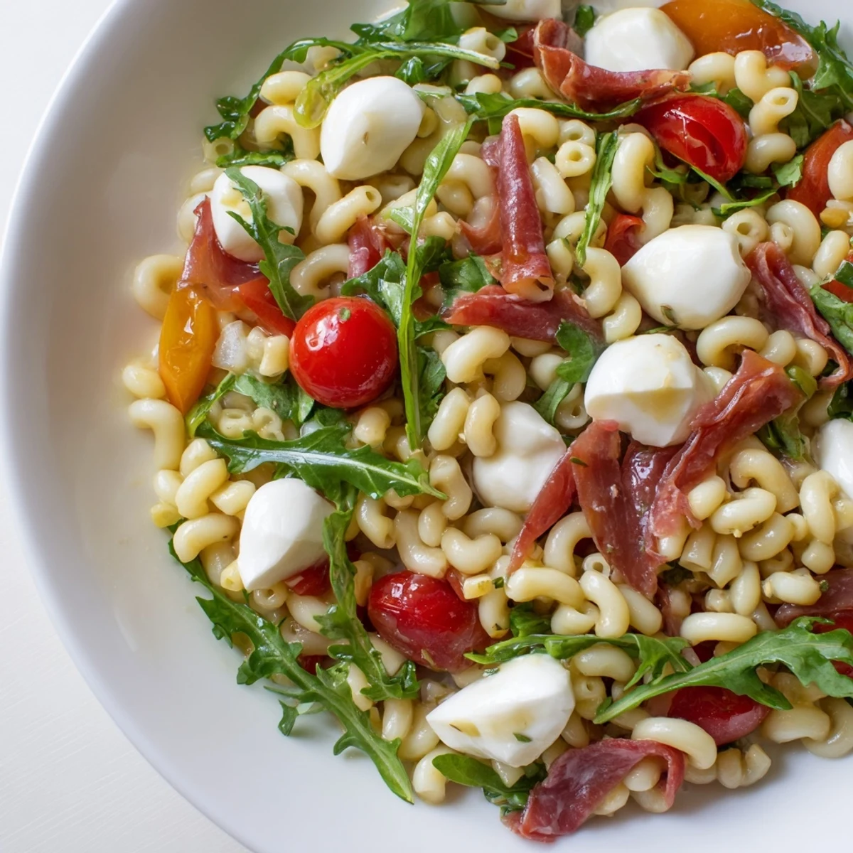 Fresh Spring Antipasto Pasta Salad with cherry tomatoes and red onion tossed in a zesty dressing, ready for a picnic.